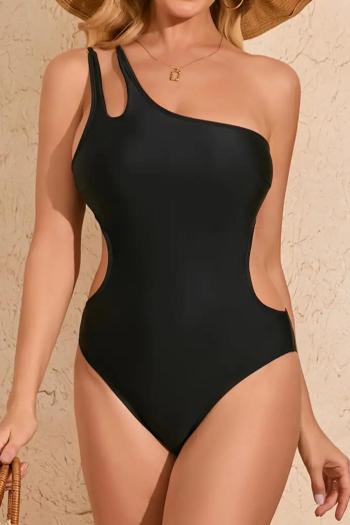 sexy pure color padded one shoulder hollow out one-piece swimsuit