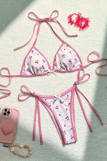 sexy cherry graphic printing padded halter-neck lace-up triangle bikini set