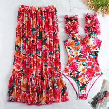 sexy floral printing non-removable padding underwire one-piece swimsuit & skirt