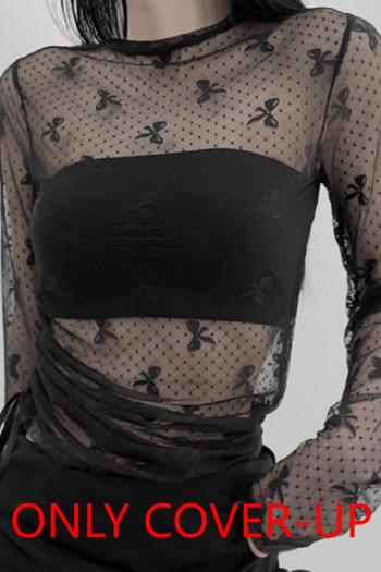 sexy non-stretch black see-through mesh side crew neck long sleeve cover-up