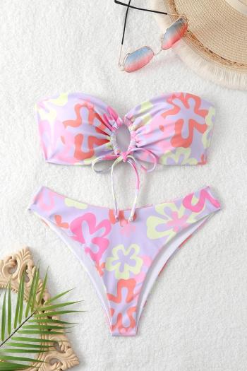 sexy batch printing padded lace-up bandeau bikini set