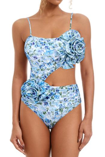 sexy 3d flower decor allover printing padded hollow out one-piece swimsuit