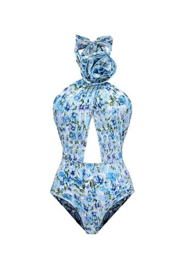 sexy 3d flower decor allover printing padded halter-neck one-piece swimsuit