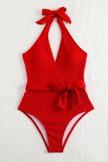sexy textured pure color padded halter-neck belt design one-piece swimsuit
