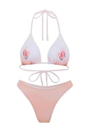 sexy graphic printing padded halter-neck lace-up triangle bikini set