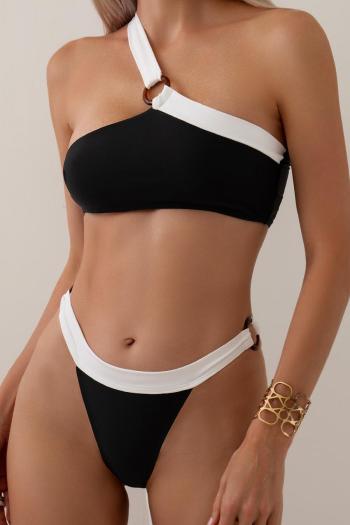sexy color-block padded one shoulder resin ring linked bikini set