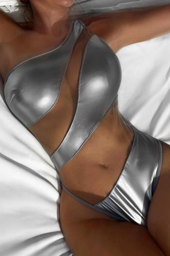 sexy see through mesh patchwork padded one shoulder one-piece swimwear