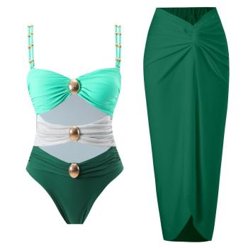 sexy 2 colors padded hollow out one-piece swimsuit with wrap skirt