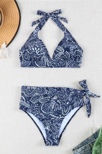 new stylish padded batch printing high waist lace-up tankini set #c