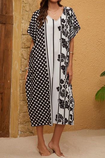 stylish floral and polka dot printing v-neck loose beach robe cover-up