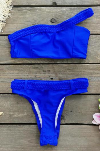sexy plain color padded one shoulder braided rope belt design tankini set
