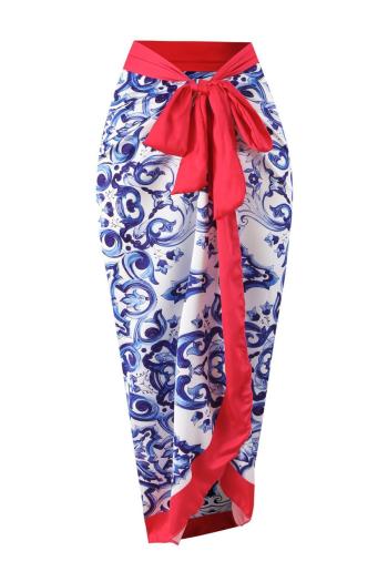stylish ethnic style graphic printing chiffon lace-up beach cover-up skirt