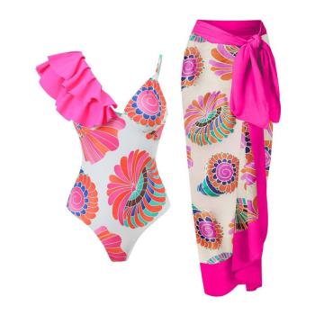 sexy graphic printing padded ruffle one-piece swimsuit with one size skirt