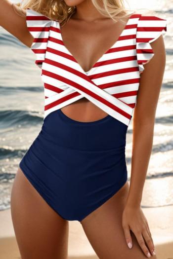 new plus-size padded 3-color patchwork stripes ruffle cross one-piece swimsuit