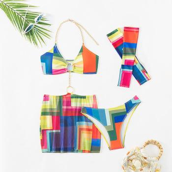 sexy batch printing padded halter-neck metallic chain linked four-piece swimsuit