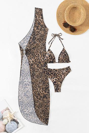 sexy leopard print padded halter-neck lace-up mesh cover-up three-piece swimsuit