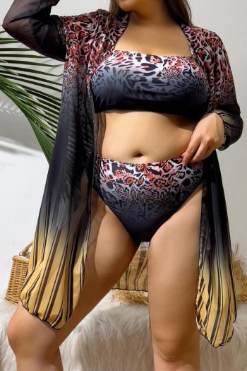 sexy plus size gradient color leopard padded mesh cover-up three-piece swimsuit