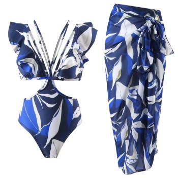 sexy leaf print padded hollow ruffle one-piece swimsuit & chiffon one size skirt