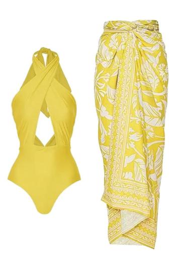 sexy yellow padded hollow halter-neck one-piece swimsuit & one size skirt