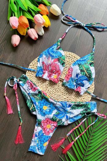 new stylish padded flowers batch printing lace-up halterneck bikini set