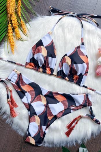 new stylish padded geometric batch printing lace-up halterneck bikini set