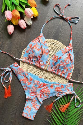 new stylish padded batch printing tassel lace-up bikini set
