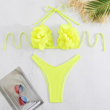 sexy plain color 3d flower decor halter-neck triangle bikini set