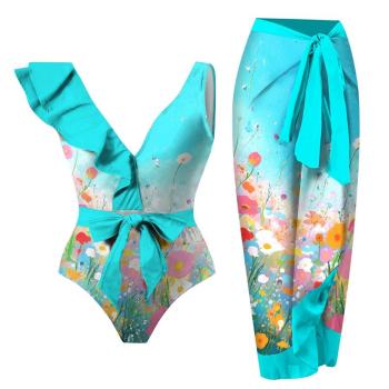new padded flower fixed printing falbala lace-up one-piece swimsuit cover-up set