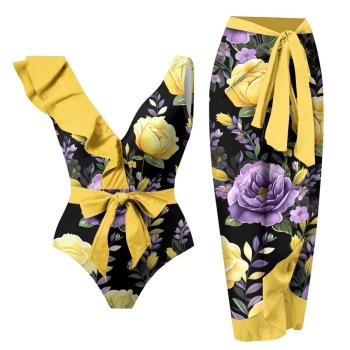 new padded fixed printing flower lace-up falbala one-piece swimsuit cover-up set