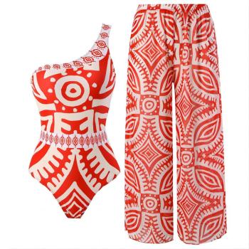 new stylish padded geometric fixed printing one-piece swimsuitcover-up pants set