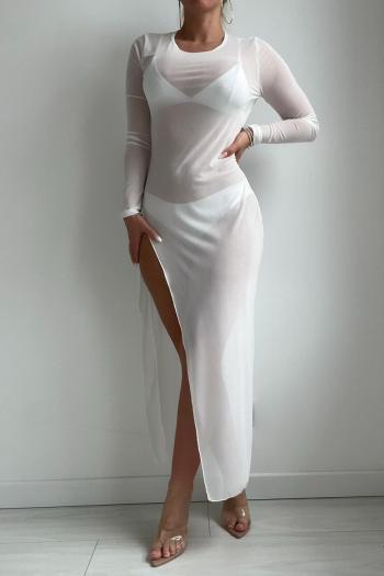 new sexy slight stretch 4-color crew neck see-through midi dress cover-up