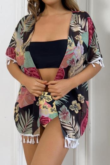 stylish padded flower batch printing bikini tassel cover-up three-piece swimsuit