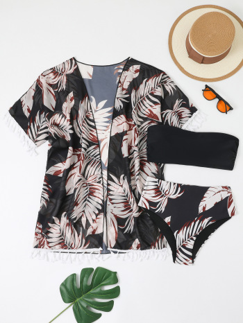 new padded batch printing leaf bikini tassel cover-up three-piece swimsuit