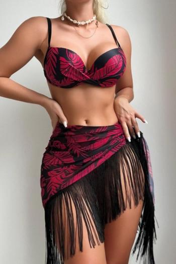 new padded underwire leaf batch printing tassel cover-up three-piece swimsuit