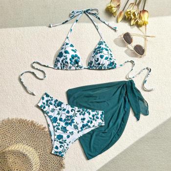 xxs-xl sexy floral printing padded halter-neck mesh skirt three-piece swimsuit