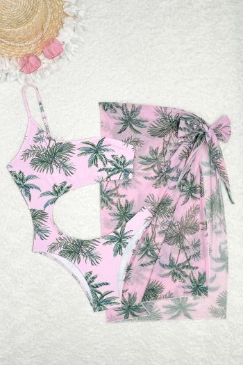 sexy coconut tree printing padded one shoulder one-piece swimsuit & mesh skirt