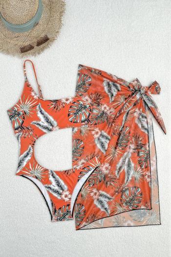sexy flower and leaf print padded one shoulder one-piece swimsuit & mesh skirt