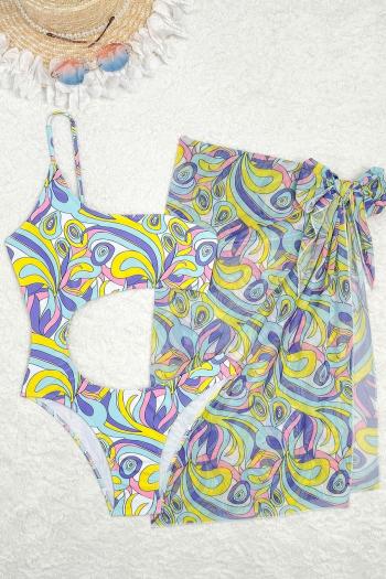 sexy graphic print 3 colors padded one shoulder one-piece swimsuit & mesh skirt