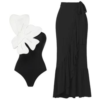 sexy 3d flower pearl padded one shoulder one-piece swimsuit & one size skirt