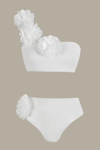 sexy solid color 3d flower decor padded one shoulder tankini set