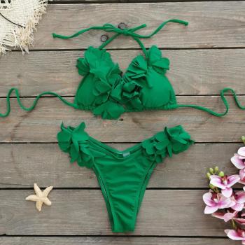sexy pure color 3d flower decor padded triangle halter-neck bikini set