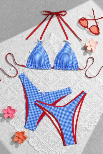 sexy checkered printing padded bow halter-neck three-piece swimwear