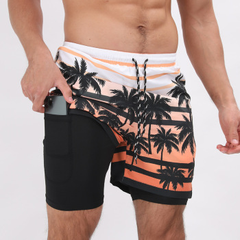 casual plus-size slight stretch striped palm printing beach shorts with liner