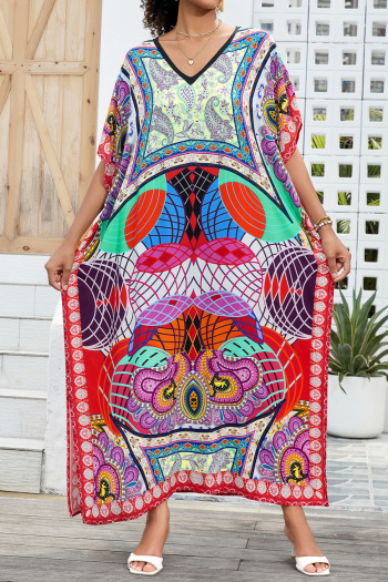 stylish bohemian graphic printing v-neck loose beach maxi robe cover-up#9#