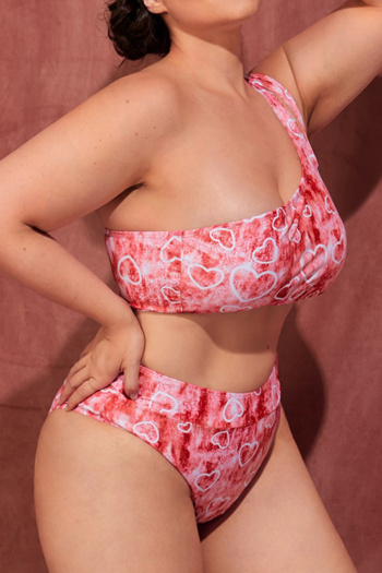 new stylish plus-size contrast heart batch printing single shoulder tankini sets