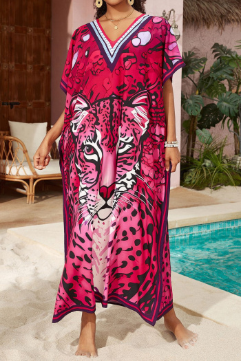 stylish leopard positioning printing v-neck loose beach maxi robe cover-up#4#