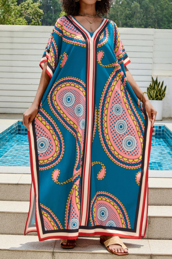 stylish graphic positioning printing v-neck loose beach cover-up maxi robe#9#