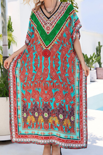 bohemian positioning printing printing loose v-neck beach cover-up maxi robe#5#