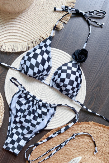 new sexy padded patchwork applique lattice printing lace-up triangle bikini sets