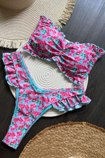 new stylish patchwork padded ruffle flowers batch printing lace-up bikini sets